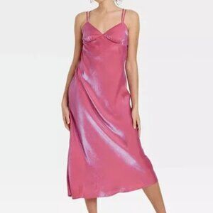 NWT, SZ L, Bias Cut Satin Midi Dress, Iridescent Pink